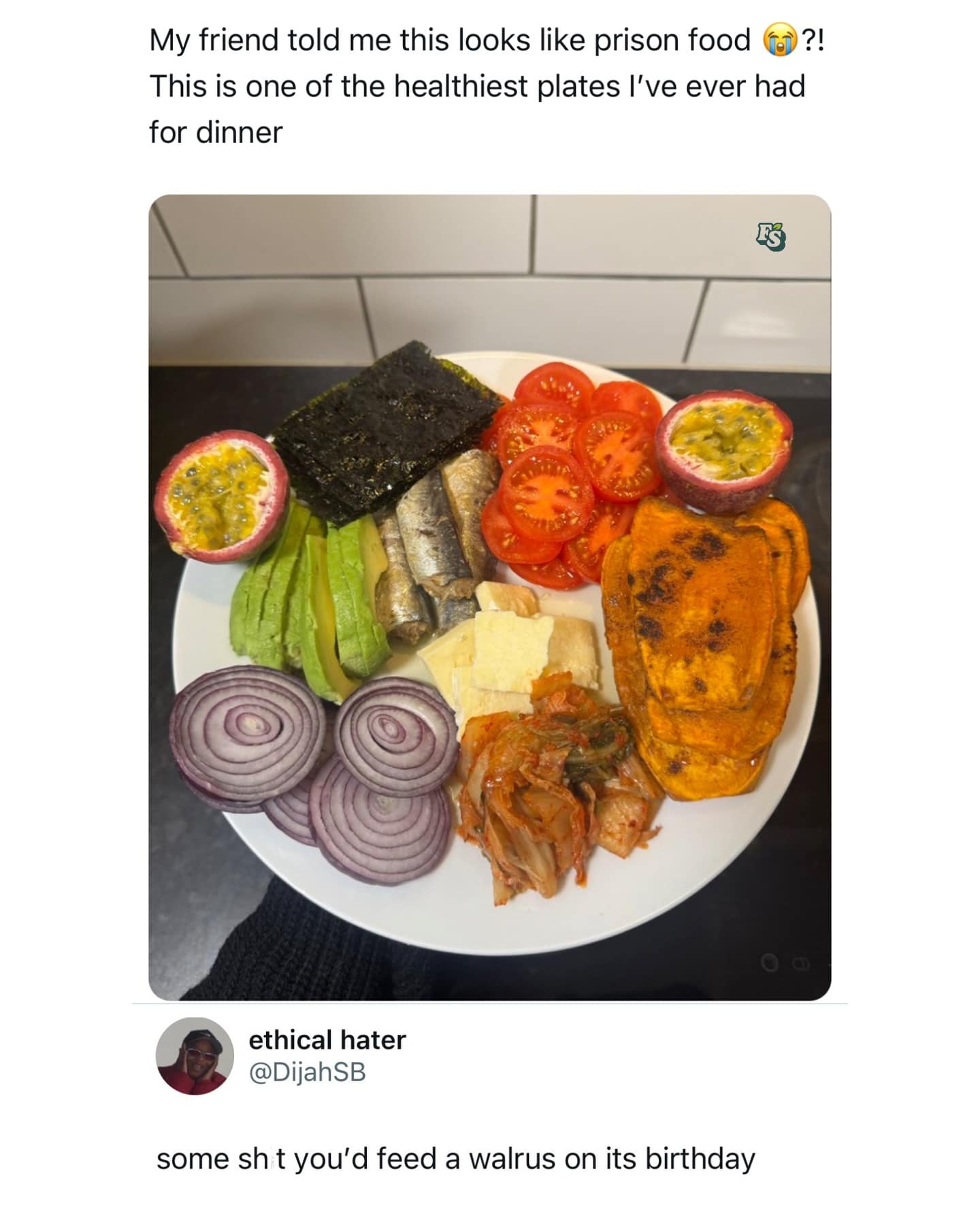 Plate of healthy food including sardines being roasted as a meal for a walrus.