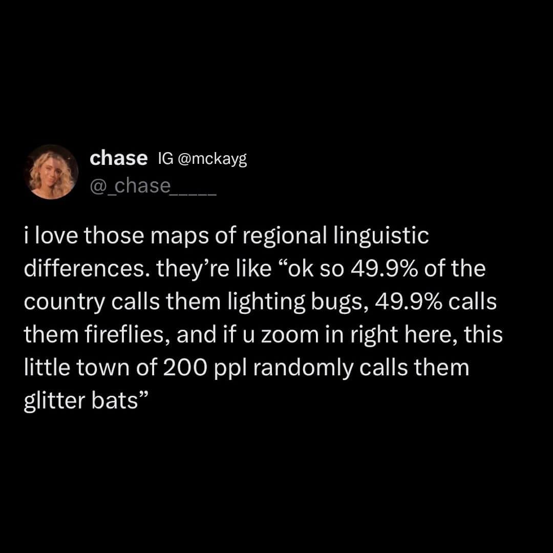 Tweet joking about weird regional names for fireflies like glitter bats.