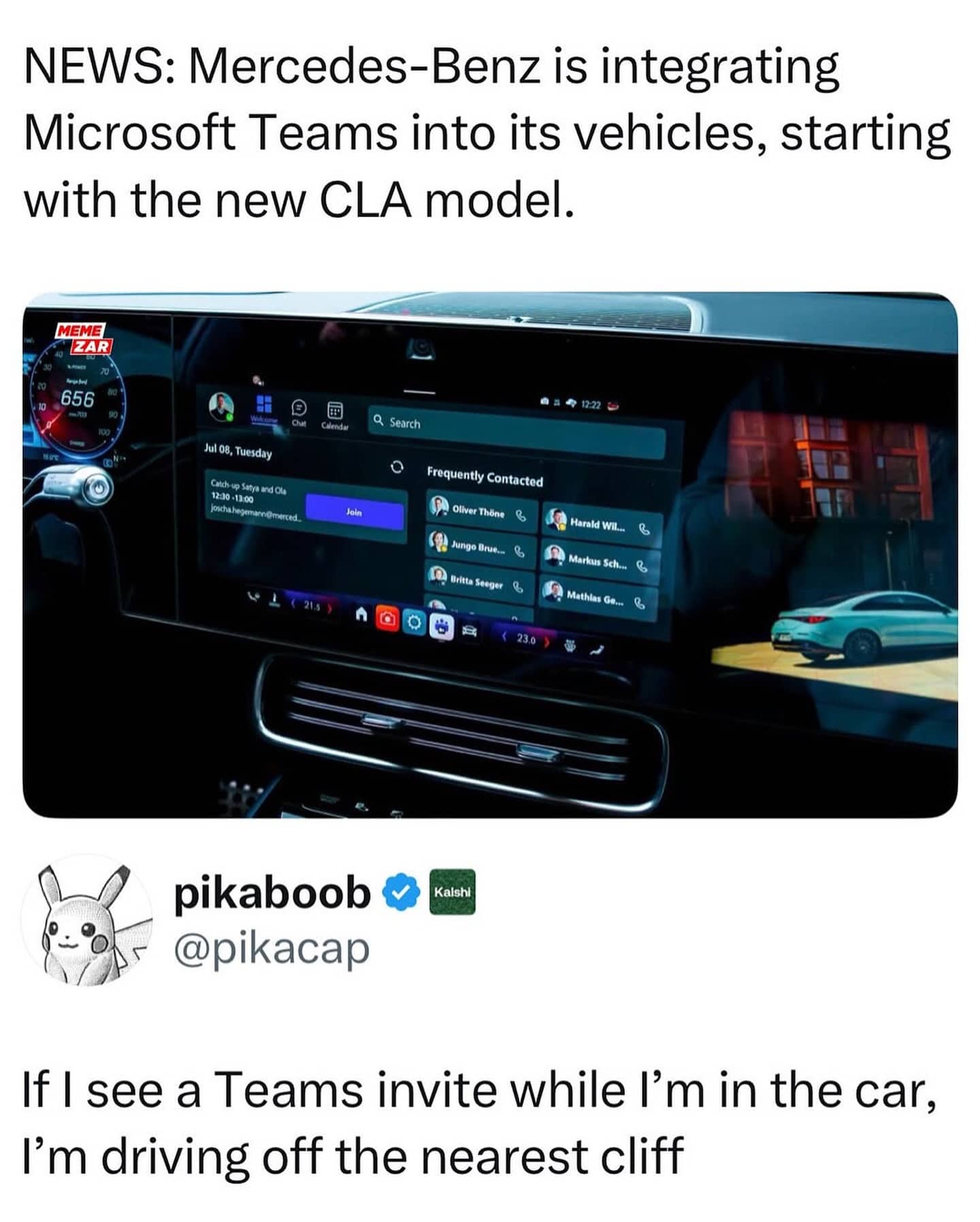Meme reacting to Microsoft Teams in cars with driving off a cliff.