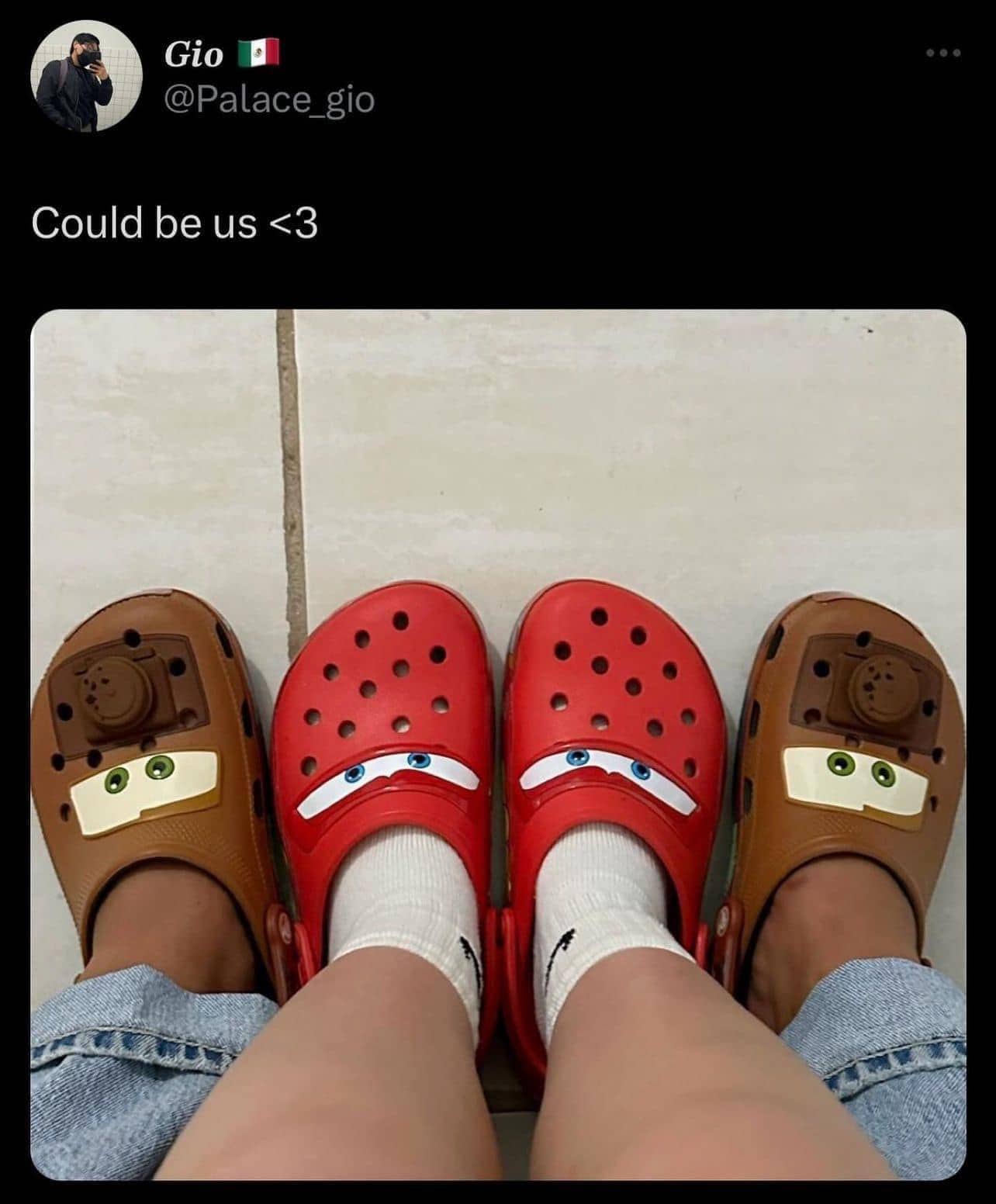 Couple wearing matching Lightning McQueen and Mater Cars crocs relationship meme.