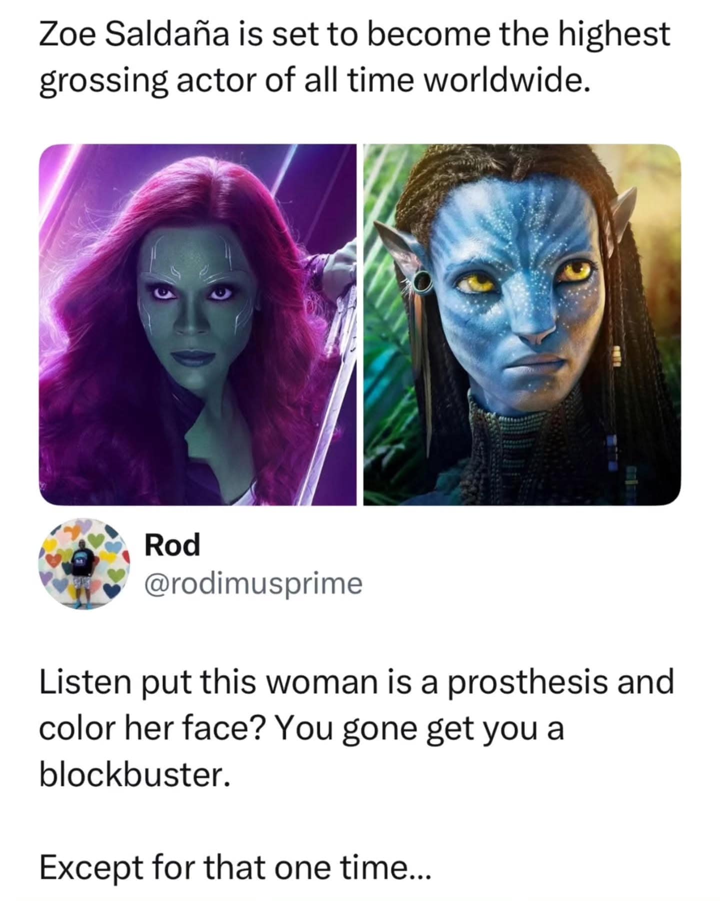 Meme comparing Zoe Saldana as Gamora and Neytiri regarding her massive box office success.