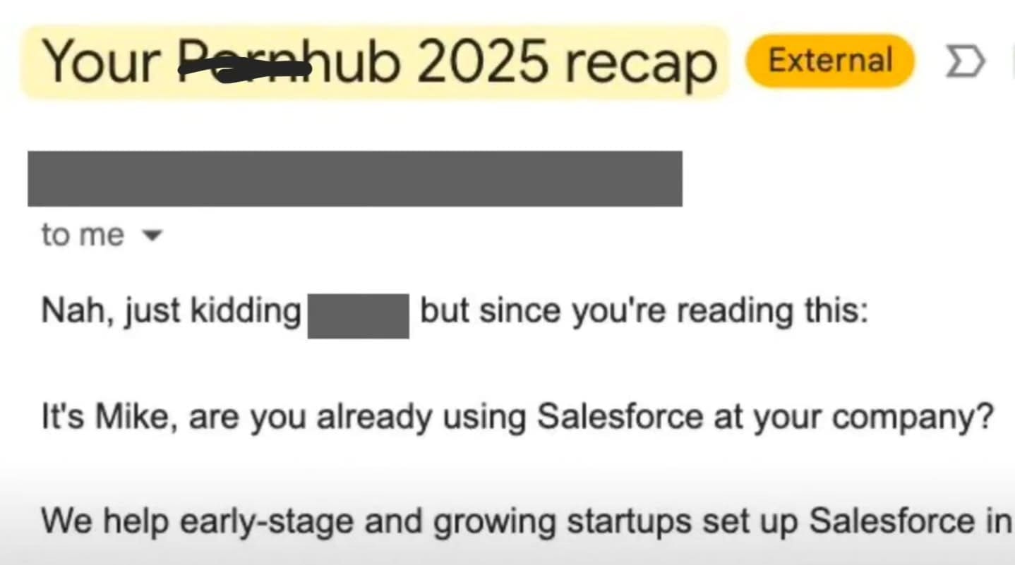 Sales email using a fake adult site recap subject line to grab attention for a Salesforce pitch.