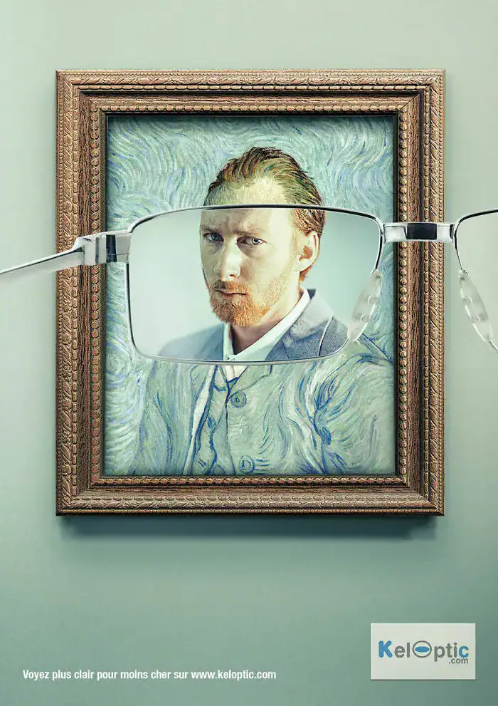 A funny print ad for Keloptic glasses showing a Van Gogh self-portrait where the lens clarifies the painting into a realistic photo of the artist.