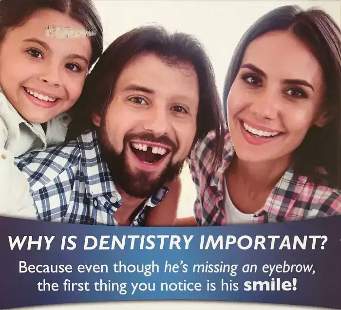 A funny print ad for dentistry showing a family photo where the dad is missing an eyebrow, but you only notice his missing tooth.