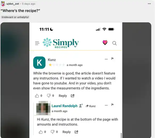 One star review claiming there is no recipe while author points to bottom.