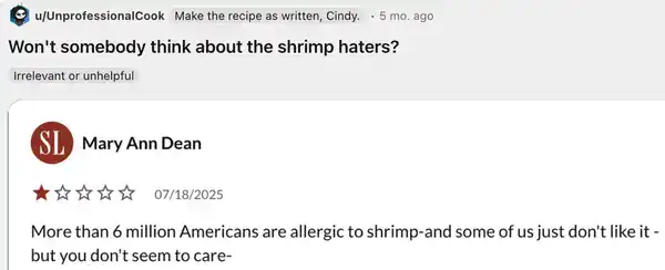 One star review complaining about shrimp allergy on a specific shrimp recipe post.