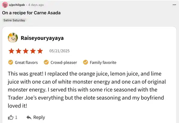 Five star review substituting citrus juices with white and original Monster Energy drinks.
