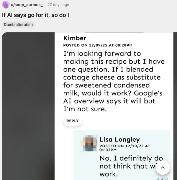 User asking if cottage cheese substitutes condensed milk based on Google AI advice.