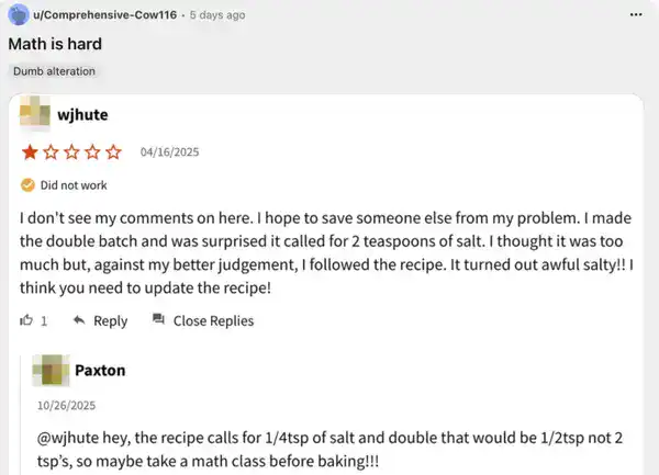 Reviewer complaining about saltiness after failing basic math on doubling fractions.