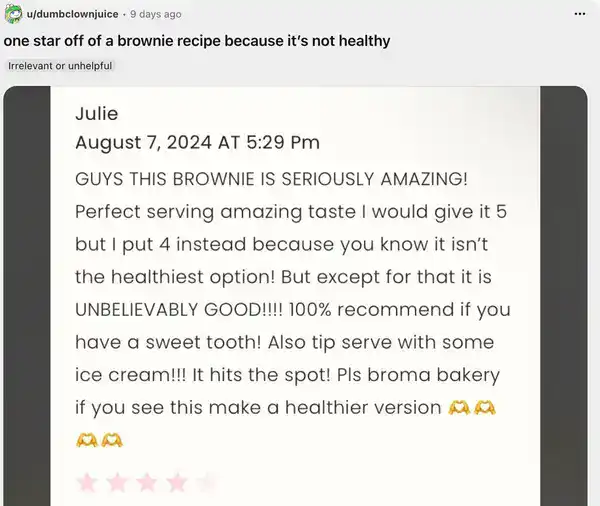 Four star review deducting a point from brownies because they are not healthy.