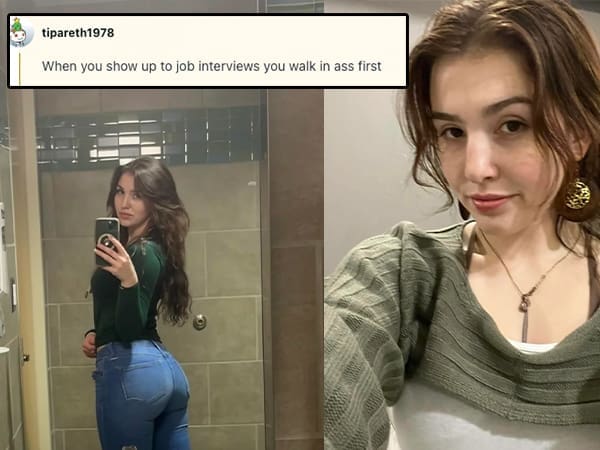 A funny roast comment on a mirror selfie saying the user must walk into job interviews backward because of her pose