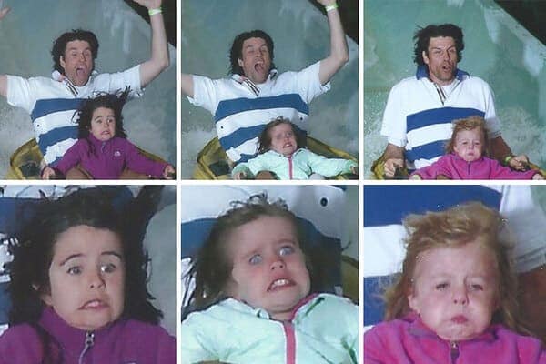 A funny rollercoaster picture collage showing a toddler's face transforming into hilarious expressions of terror on Splash Mountain.