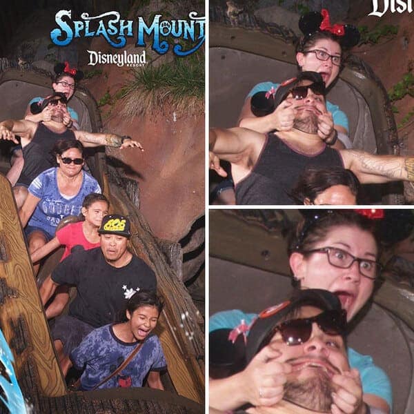 A funny rollercoaster picture on Splash Mountain where a woman pulls the cheeks of the man in front of her.