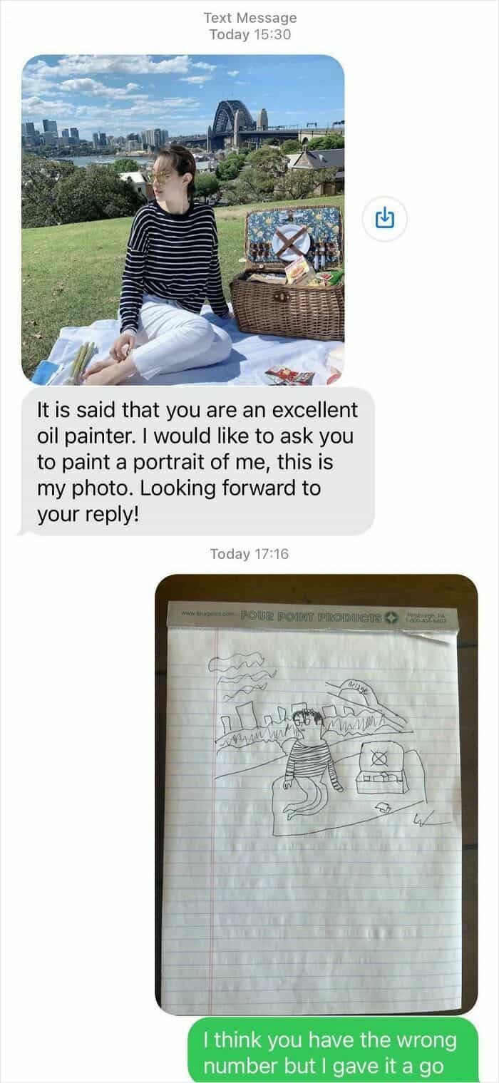 Text message conversation where stranger asks for oil painting and gets bad pencil sketch.