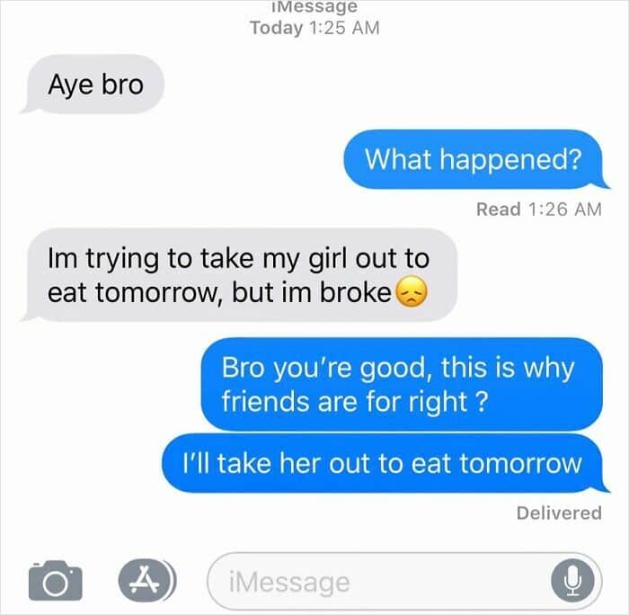 Text conversation where friend offers to take girlfriend out on date instead of lending money.