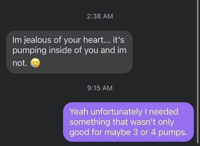 Flirty text about heart pumping shut down with brutal roast about stamina.