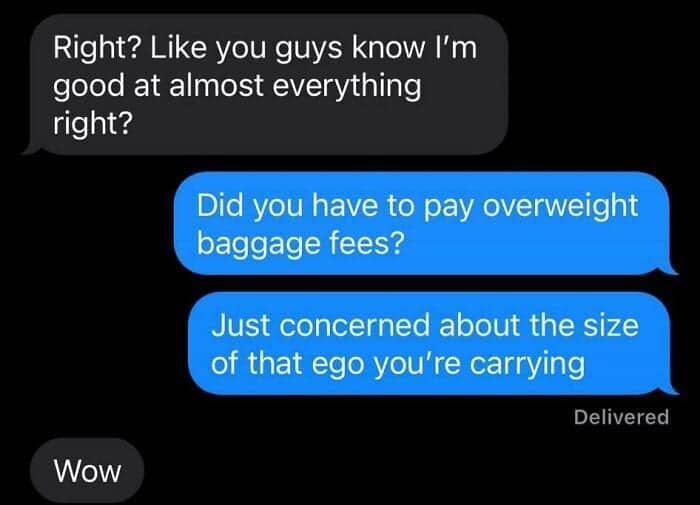 Text roast asking friend about baggage fees for their massive ego.