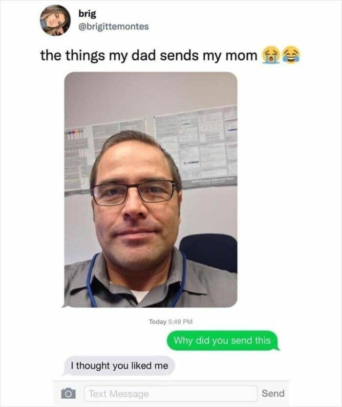 Dad sending serious selfie to mom and getting confused response.