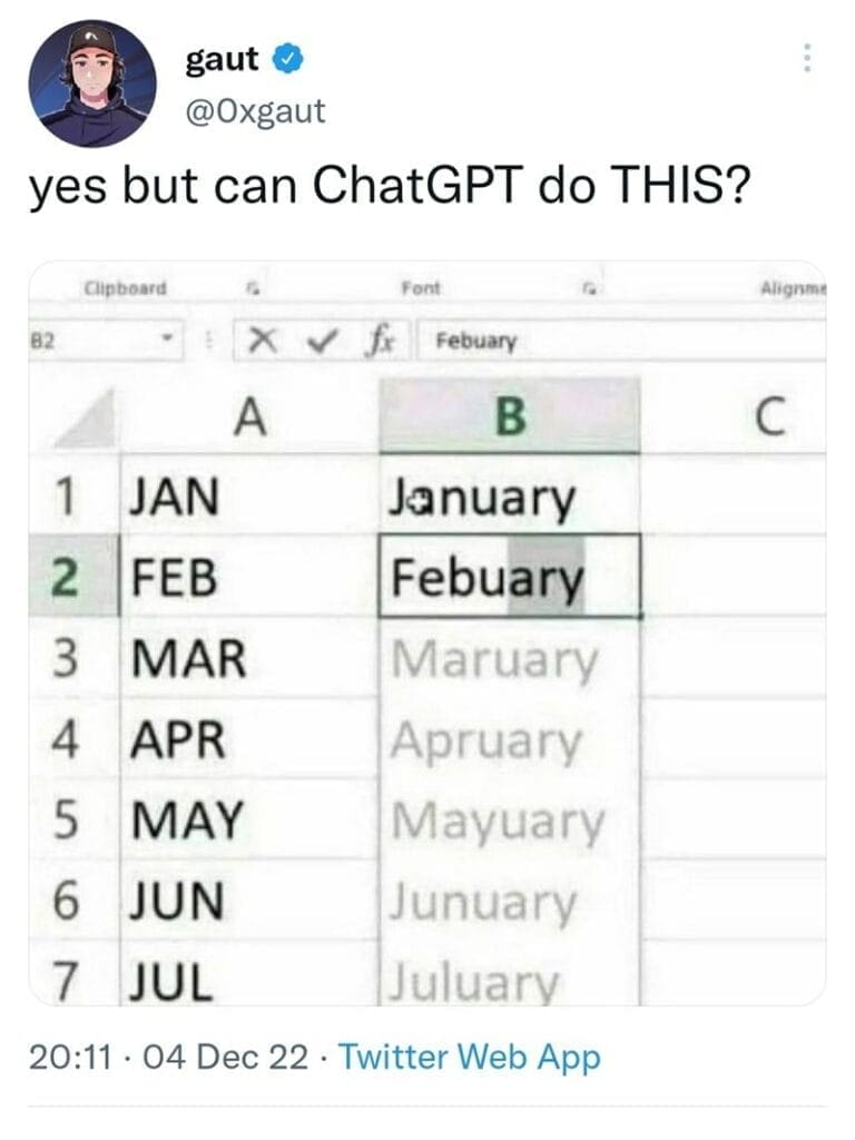 Tweet comparing Excel autofill failure spelling February wrong to AI capabilities.