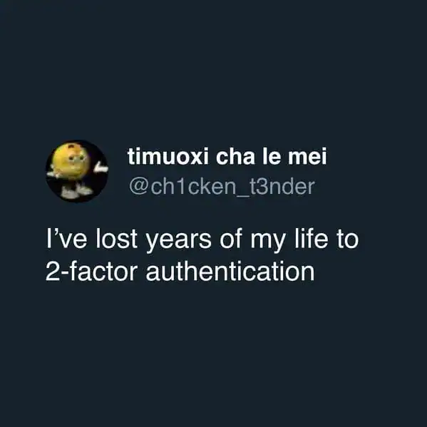 Tweet complaining about the time wasted on two factor authentication security steps.