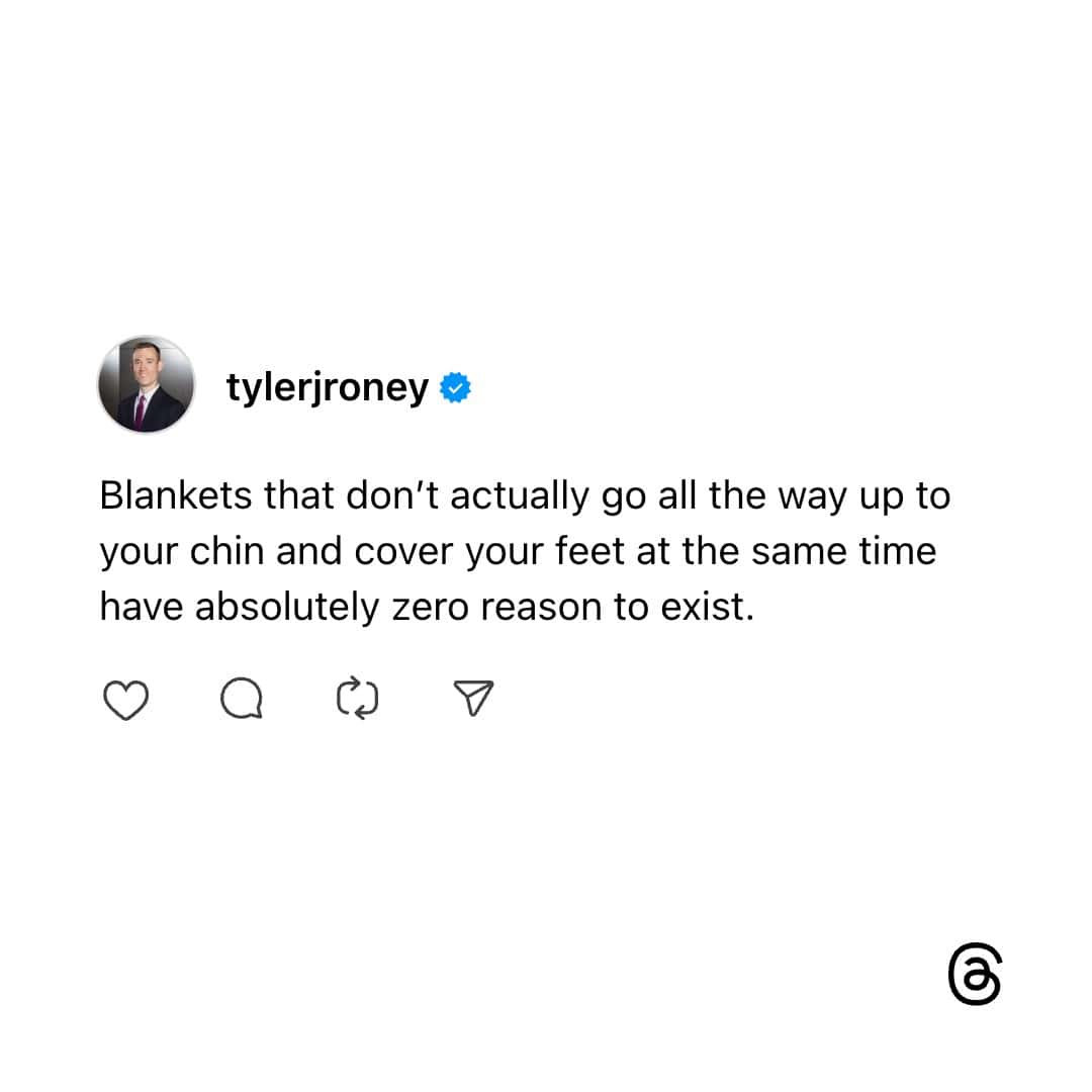 Viral Funny Threads post complaining about blankets that are too short for tall people.