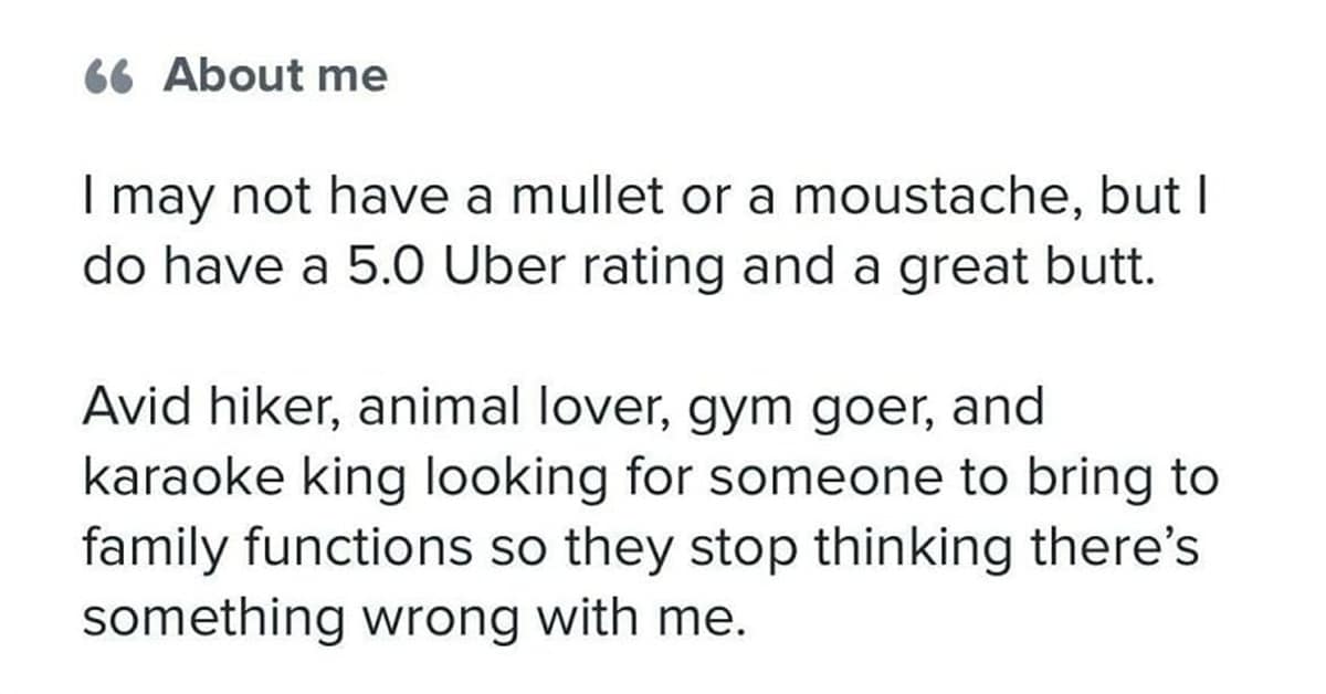 Collection of funny tinder profile favorites and funny dating app profiles featuring library punks and sarcastic penthouse owners
