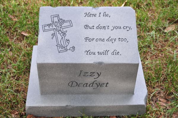 A funny tombstone for Izzy Deadyet with a poem about not crying.