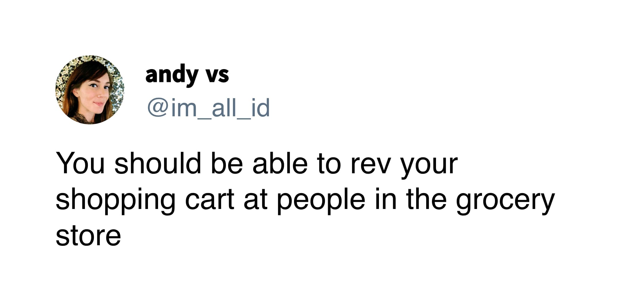 A funny tweet by andy vs suggesting people should be allowed to rev their shopping carts at slow walkers.