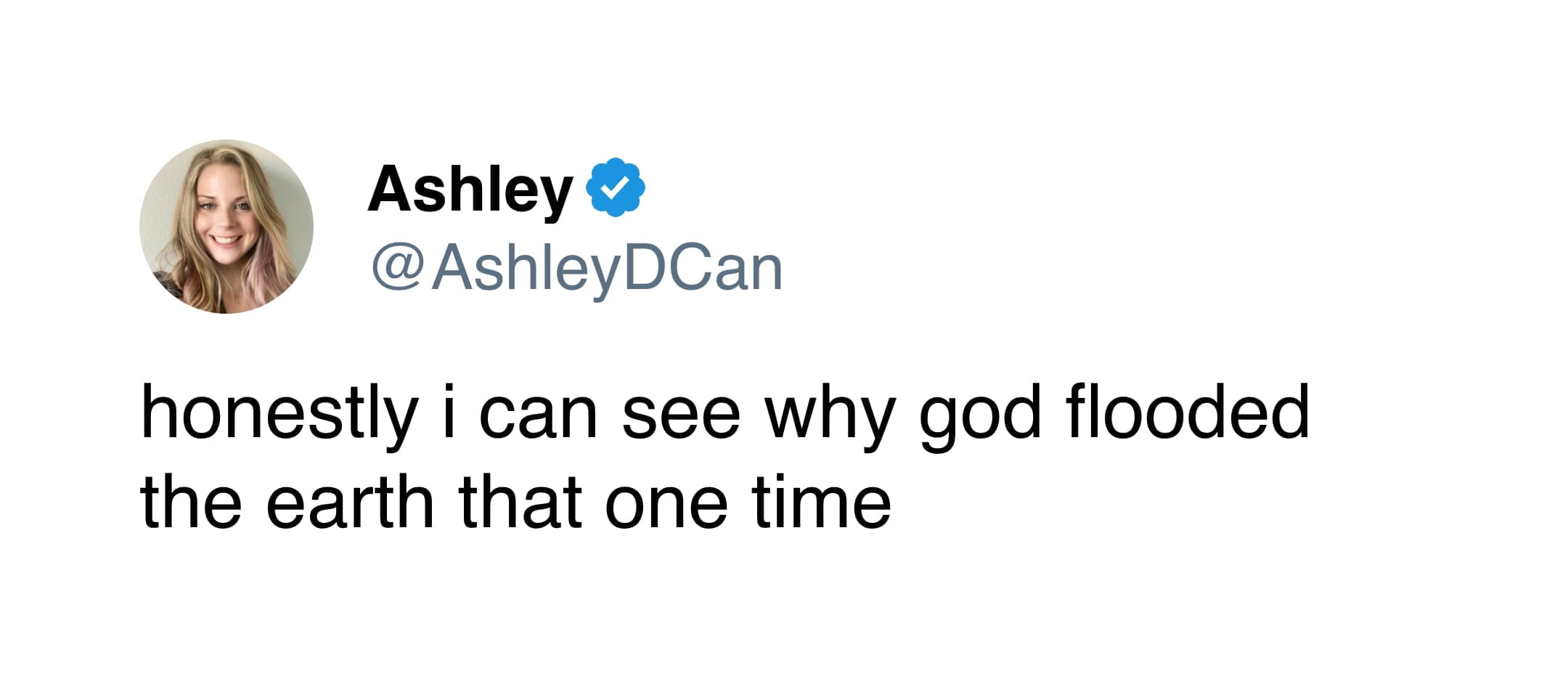 A funny tweet by Ashley admitting she understands why God flooded the earth that one time.