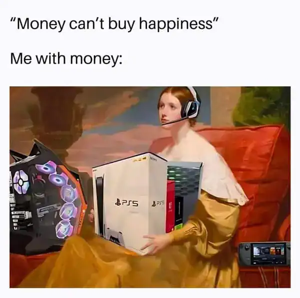 A gamer meme using classical art to show a woman happily holding a PS5, Steam Deck, and Xbox.