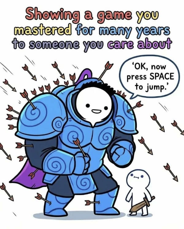 A wholesome gamer meme comic showing a high-level armored character teaching a tiny new player how to press the spacebar to jump.