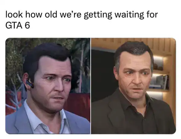 A gamer meme showing Michael from GTA 5 aging into an old man while waiting for GTA 6.