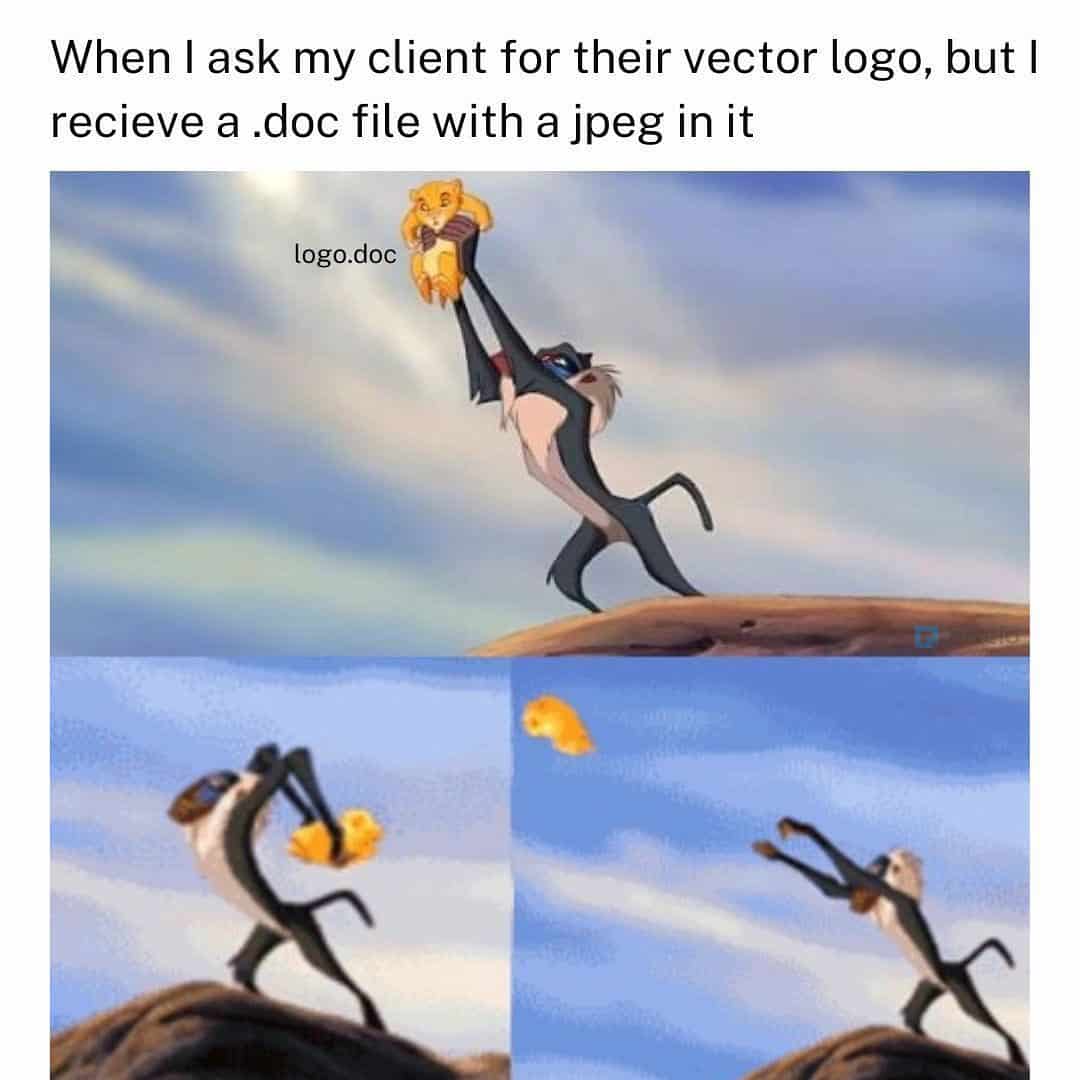 A graphic design meme using The Lion King scene where Rafiki throws Simba off a cliff to represent receiving a logo in a Word document.