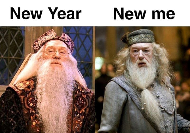 A Harry Potter meme comparing Dumbledore's messy hair to his neatly tied beard style for the new year.
