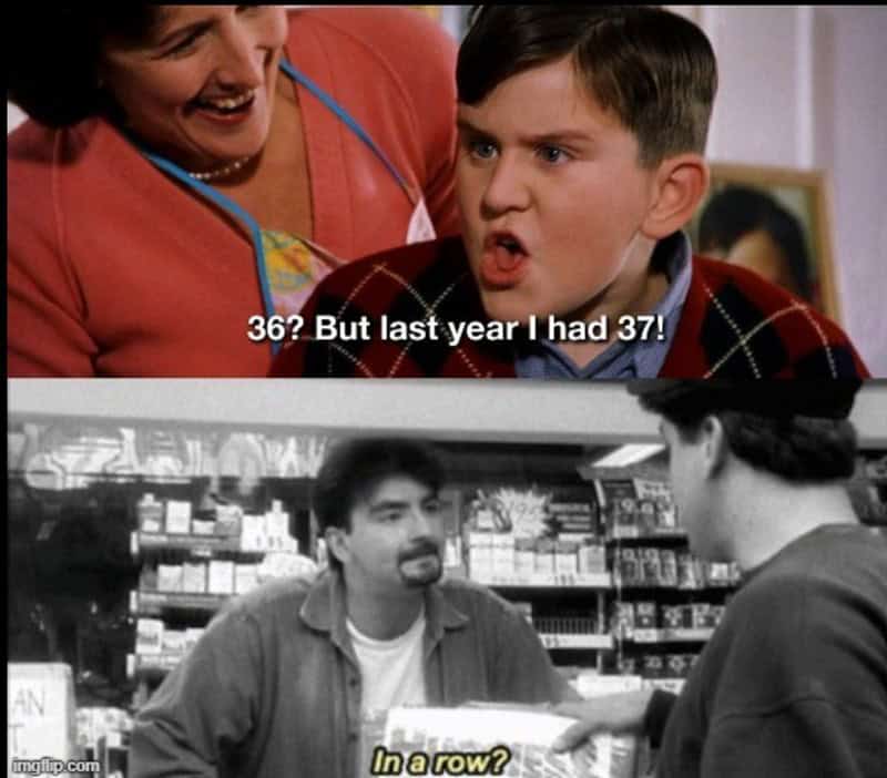 A Harry Potter meme mashing up Dudley Dursley's birthday tantrum with the "In a row?" scene from the movie Clerks.