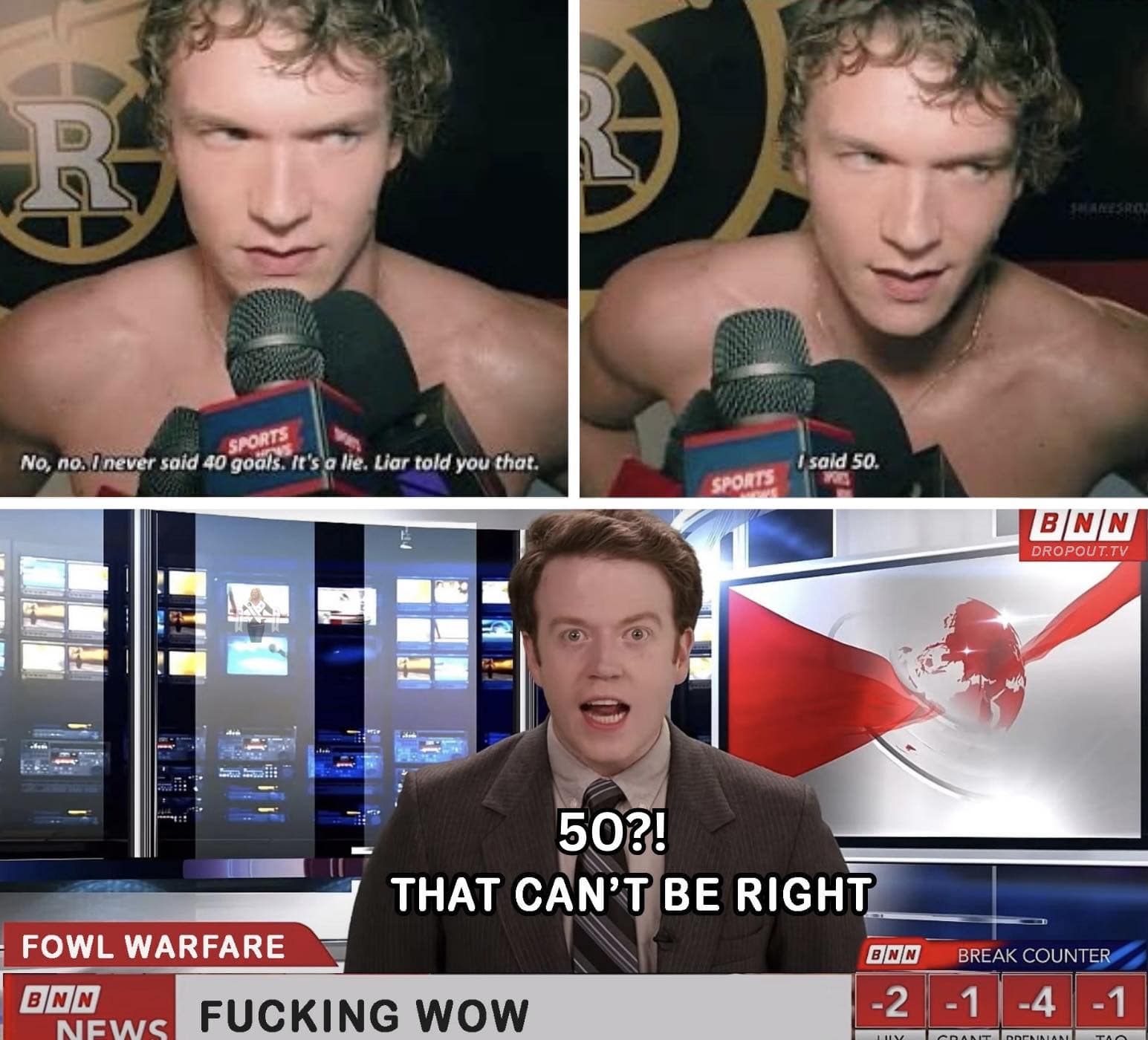 A Heated Rivalry meme showing a hockey player denying he said 40 goals and claiming 50, followed by a shocked news anchor.