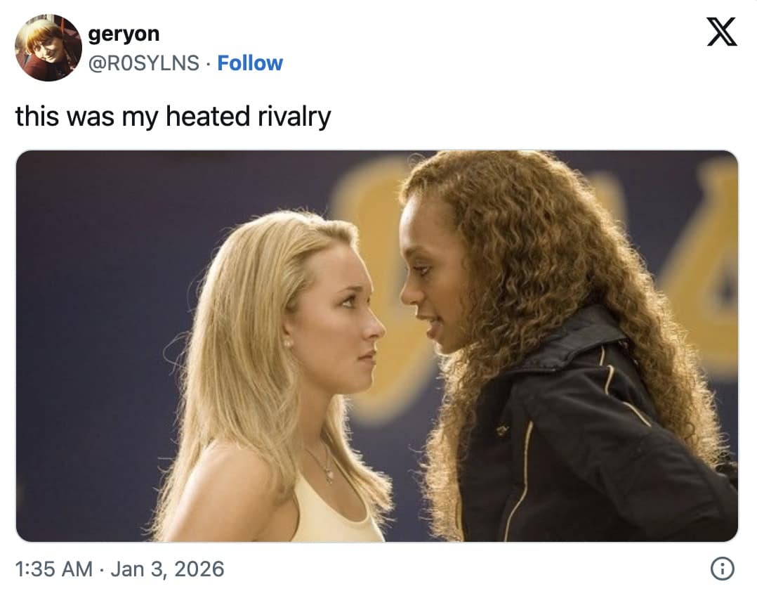 A Heated Rivalry meme tweet admiring the "joint pelvic tilt" of two shirtless men in a romantic embrace.