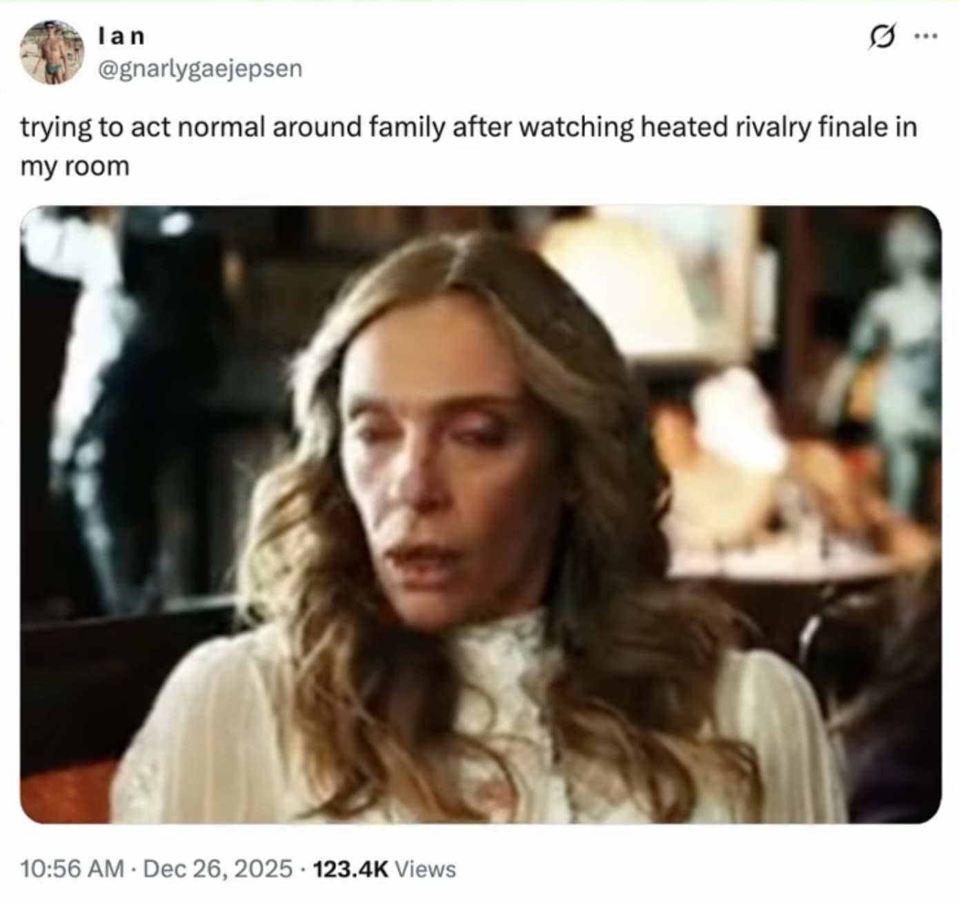 A Heated Rivalry meme tweet using Toni Collette's traumatized face from Hereditary to represent watching the finale around family.
