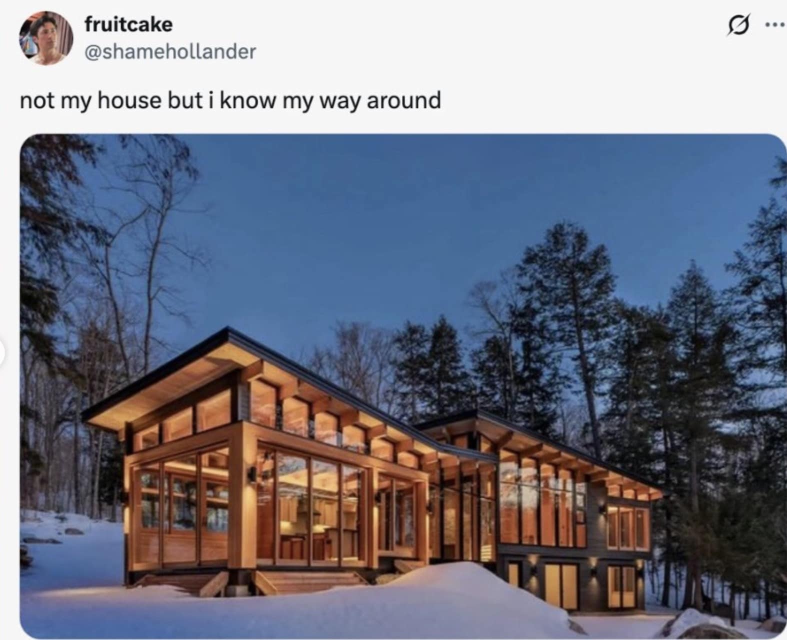 A Heated Rivalry meme tweet showing a modern glass house in the snow captioned "not my house but i know my way around".