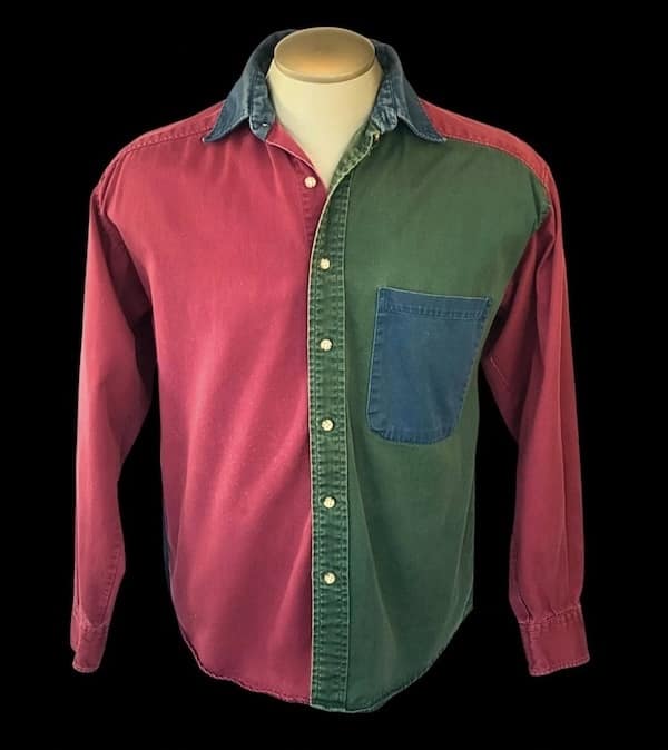 Color-blocked button-down shirt with hunter green, maroon, and denim panels.