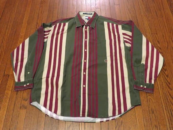 Men's vertical striped shirt in hunter green, maroon, and cream colors.