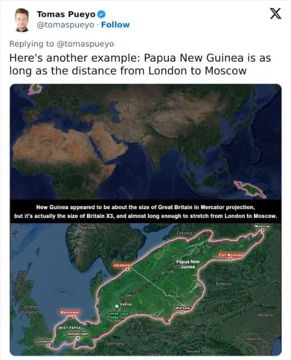 An interesting map showing the true size of Papua New Guinea stretching from London to Moscow.