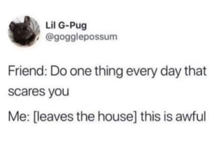 Introvert meme of a tweet where leaving the house counts as the scary thing you do every day.