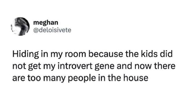 Introvert meme of a tweet about hiding in your room because your kids didn’t inherit your introvert gene.