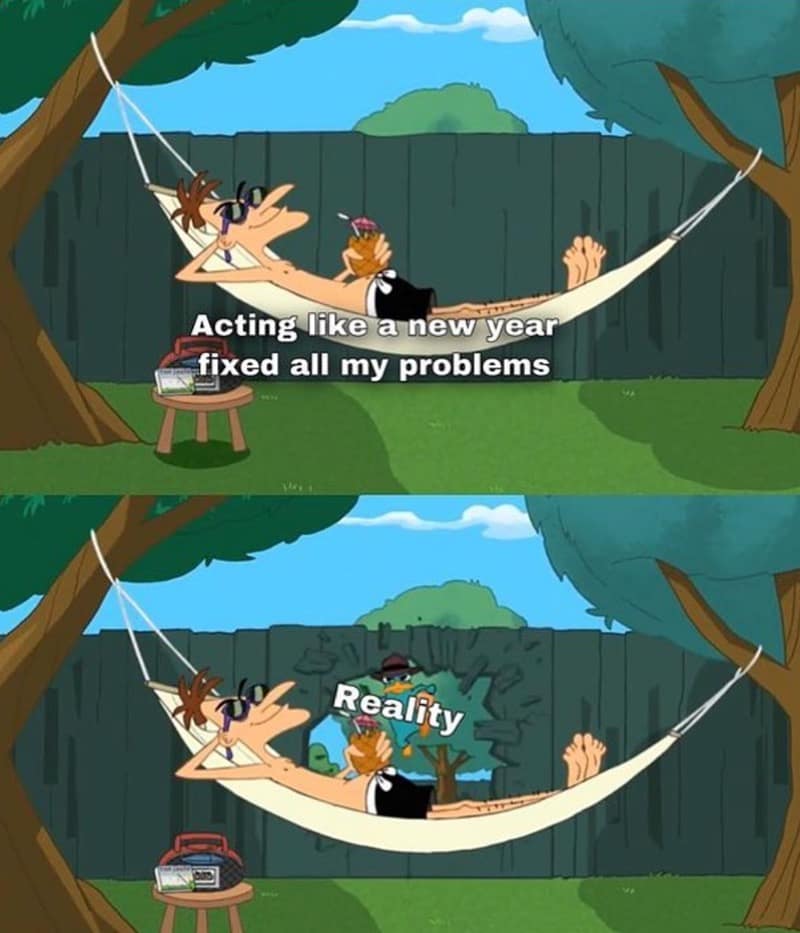 A Phineas and Ferb meme comparing acting like the new year fixed problems versus reality hitting.