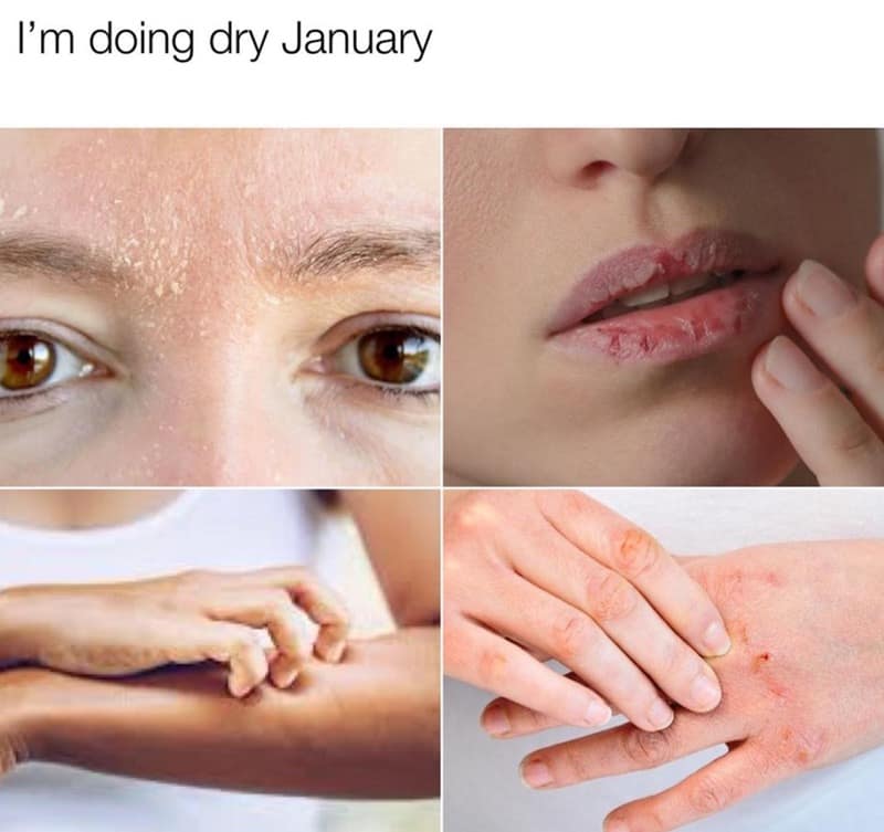 A collage of dry skin and chapped lips representing doing Dry January literally.