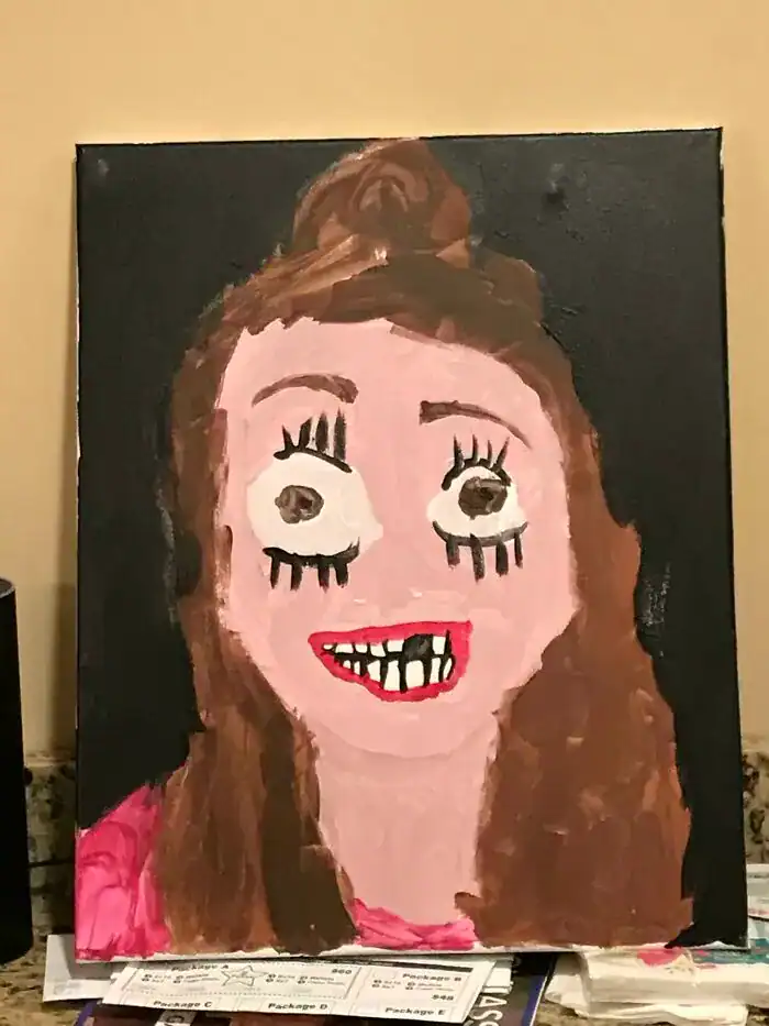 Terrifying portrait painting of girl with large eyes and crooked teeth kids drawings.
