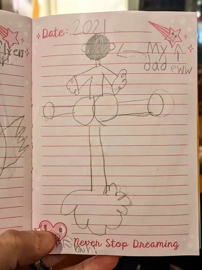 Diary drawing labeled My Dad Eww showing figure farting giant cloud.