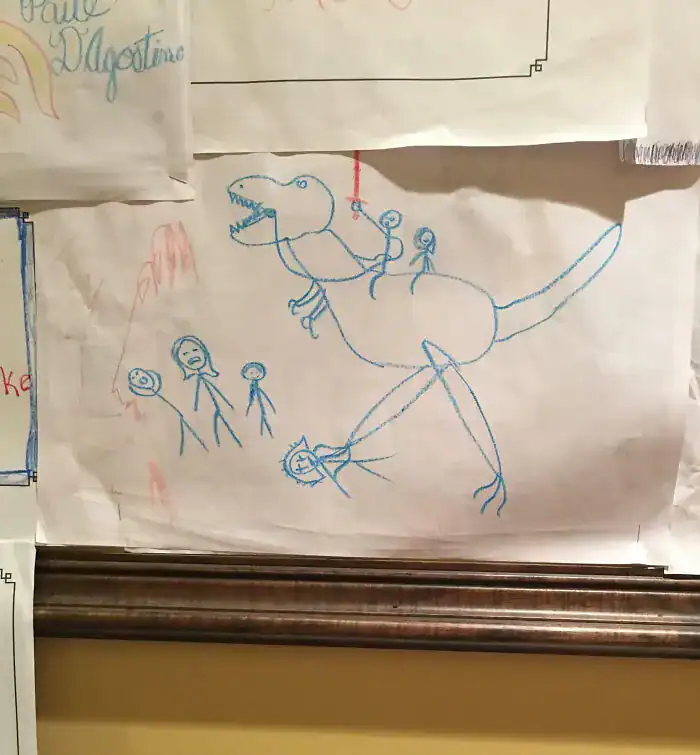 Stick figures riding a dinosaur and attacking other people kids drawings.