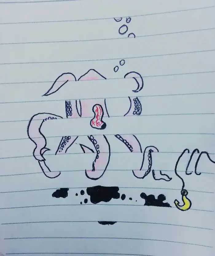 Creative drawing of squid weaving through notebook paper lines optical illusion.